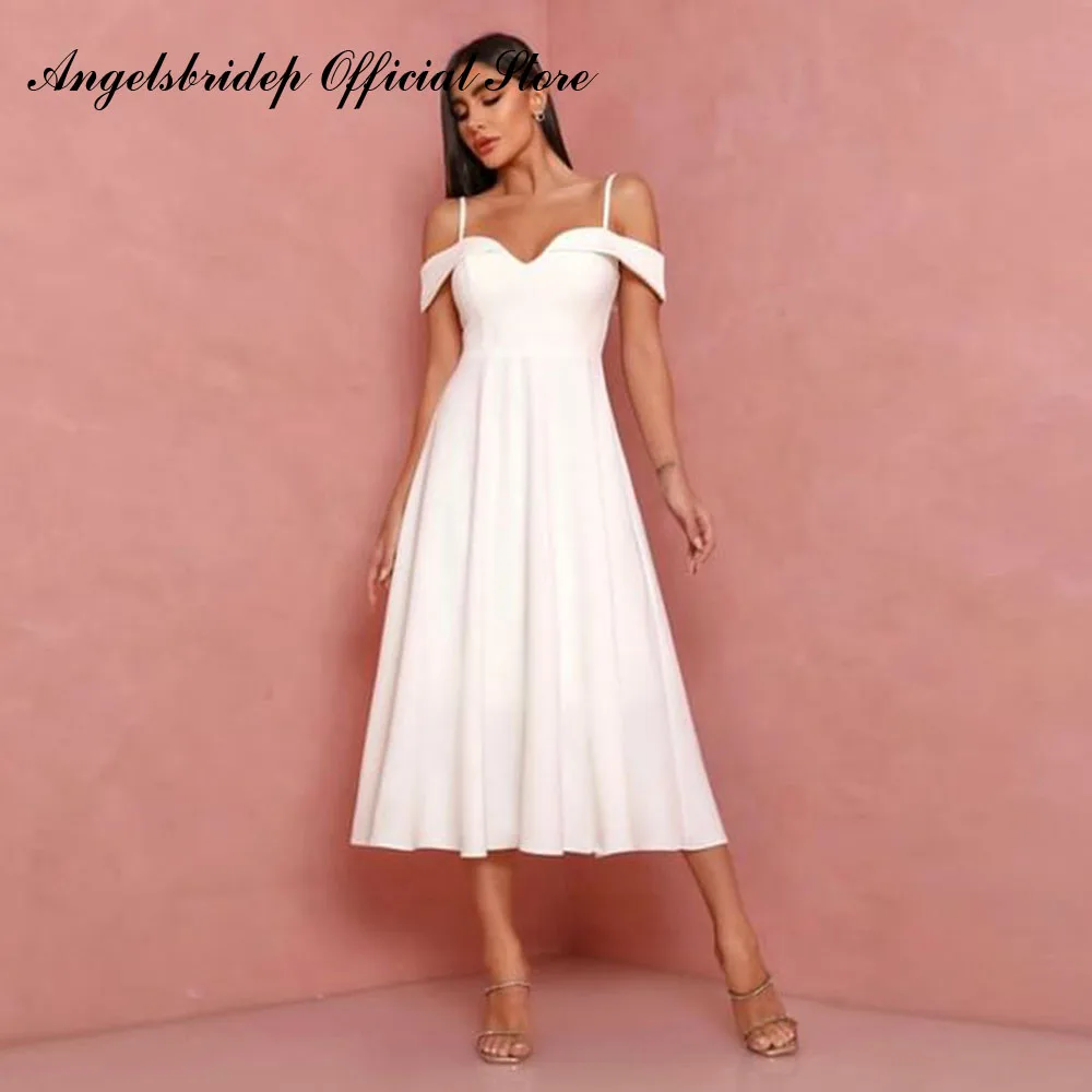 

Angelsbridep Bohemian Beach Wedding Dresses 2022 Spaghetti Straps Strapless Sleeves Bride Dress Tea Length Satin Robe De Mariee