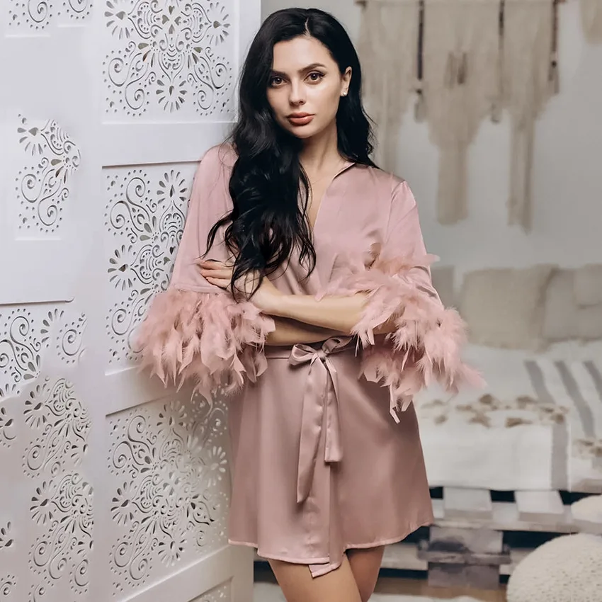 

Summer Thin Section Solid Color Feather Pajamas Satin Simple Fashion Comfortable Women's Nightgown Wedding Robes Kimono Robe