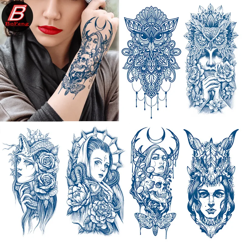 Pegatinas de tatuajes de diferentes estilos, parche de tatuaje temporal degradado a prueba de agua, parche de tatuaje de zumo de hierbas, flor de geisha, 40 Uds.