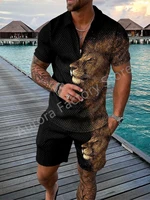 summer mens tracksuit turn down collar zipper polo shirt shorts set casual stylish streetwear 2 pieces suit male clothing