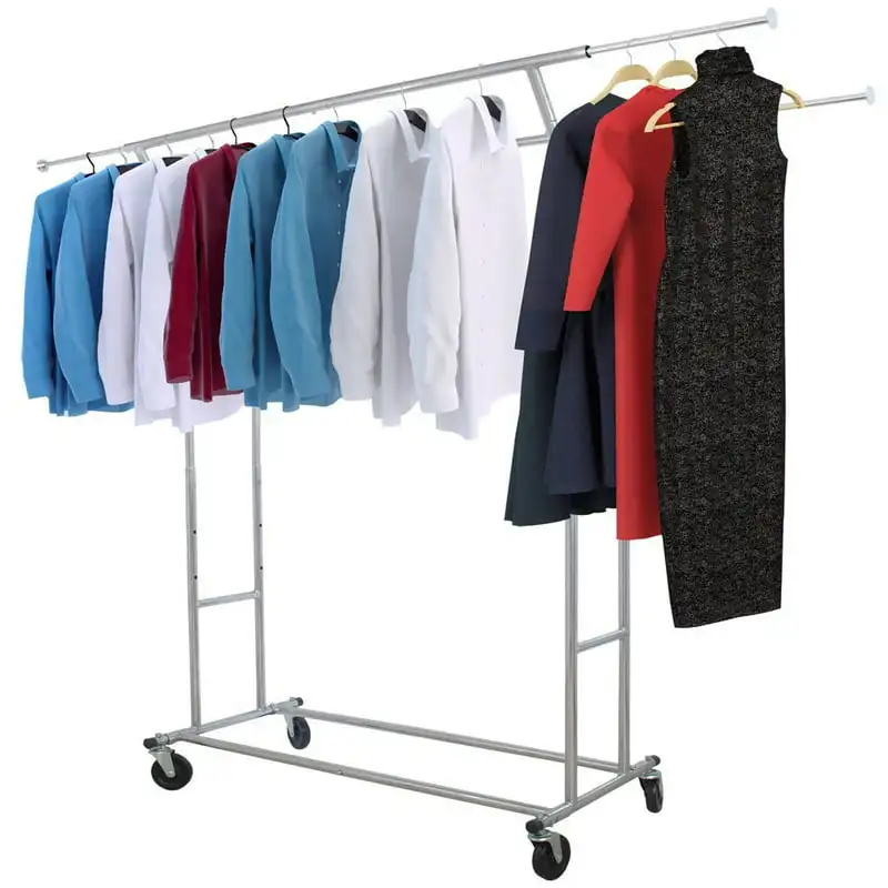 

Expendable Adjustable Telescopic Rolling Garment Rack, Steel, Chrome Indoor And Outdoor Stainless Steel