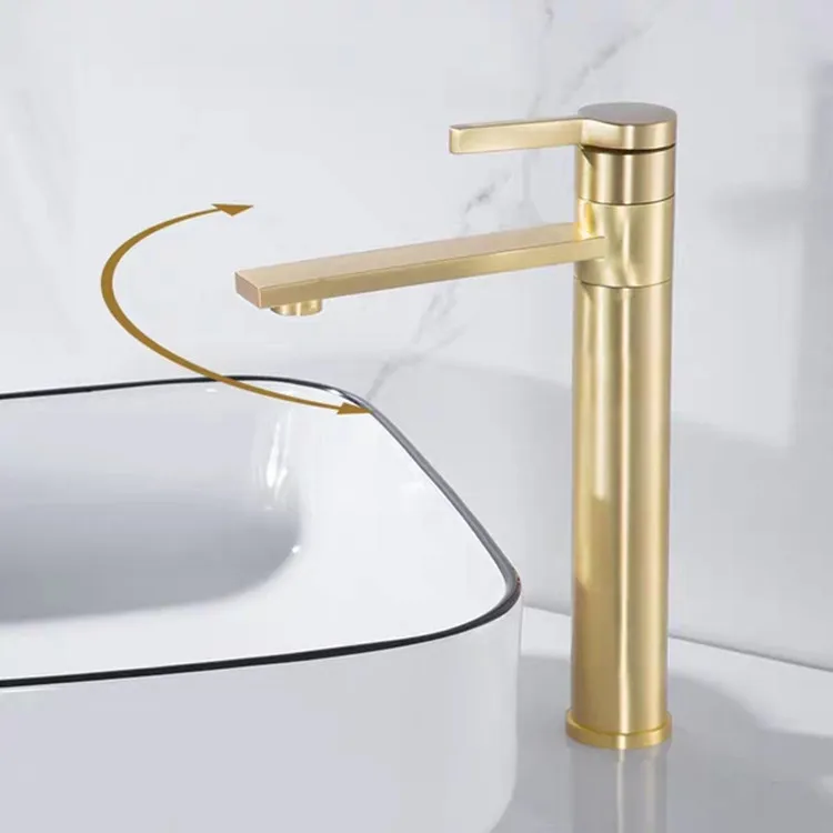 

Brushed Gold Brass Deck Mounted Single Hole With Handle Cold And Hot Mixed Washbasin Water Tap Bathroom Faucet Rotate