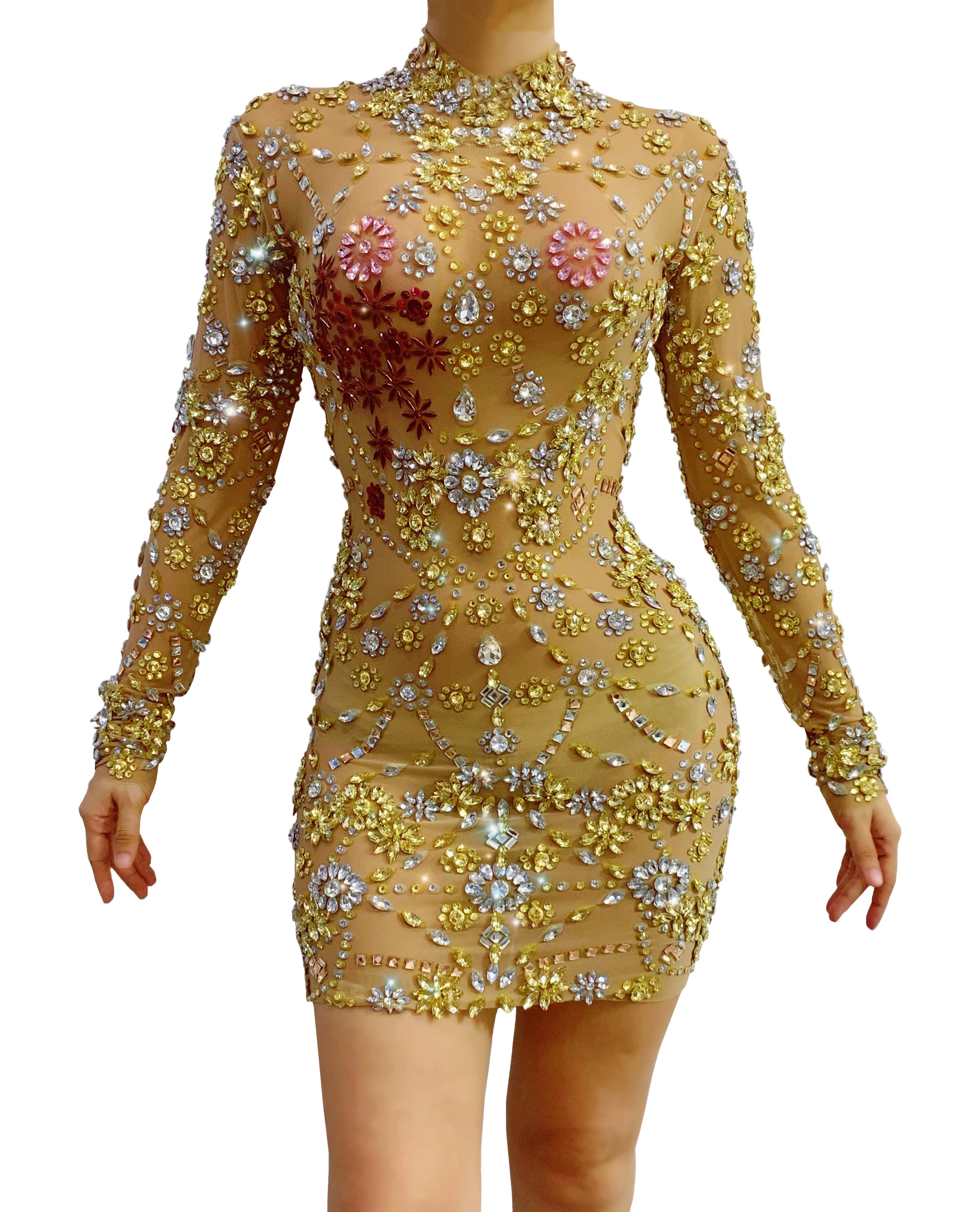 

Women Beige Color Rhinestones Sheath Dresses Luxury Birthday Party Prom Celebrate Singer Bodycon Bandage Short Dress