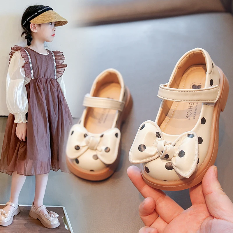 

Little Kid Shallow Mary Jane Shoes Girls Dot Bowknot Shoe Hook and Loop 2022 Baby Child Outdoor Non-slip Walk Footwear 21-30