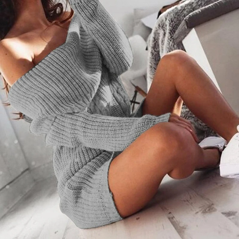 

Off Shoulder Sweater Knitted Dress Women Long Sleeve Sweater Dress Winter Loose Tunic Knitted Casual Solid Dresses