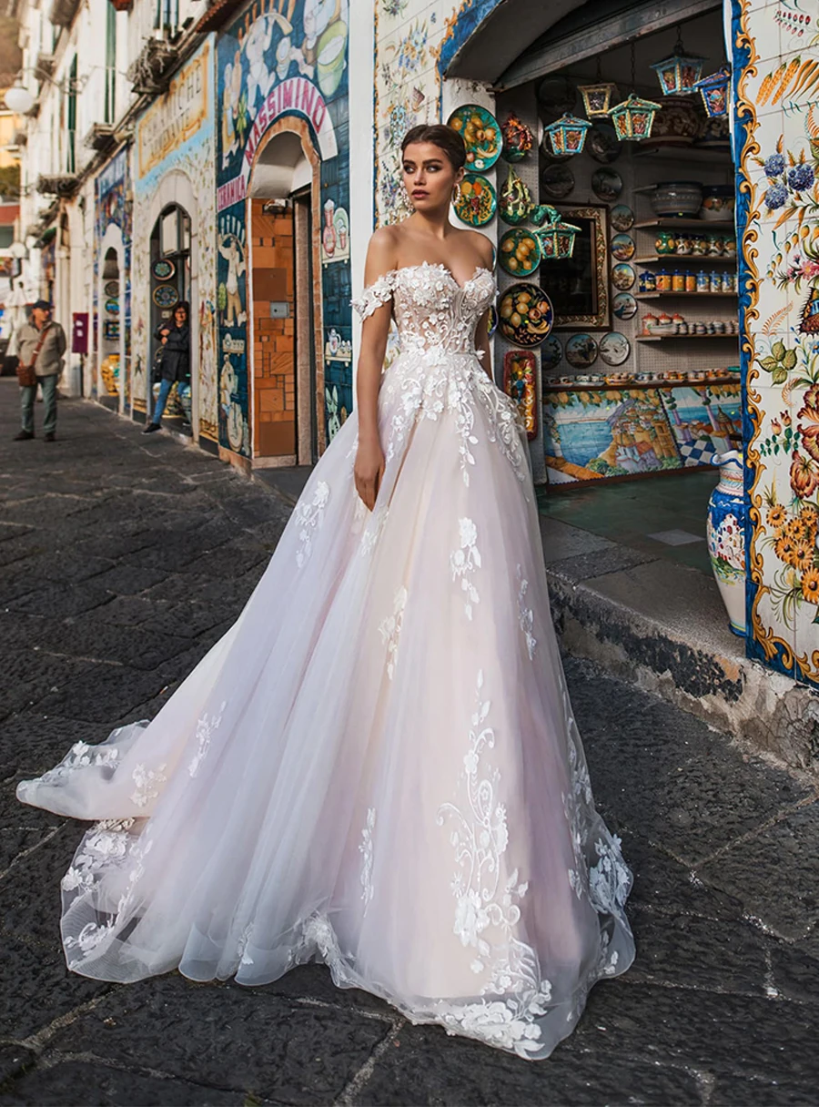 

Illusion Wedding Dresses Tulle with Lace Appliques Sexy Off the Shoulder A-line Summer Wedding Dress vestido de noiva
