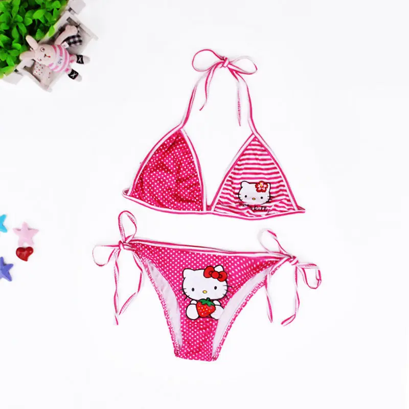 

Hello Kitty Kids Summer Swimsuit Girls Cartoon Cat Dot Print Sleeveless Sling Bikini Pink Swimsuit Suit Two Piece