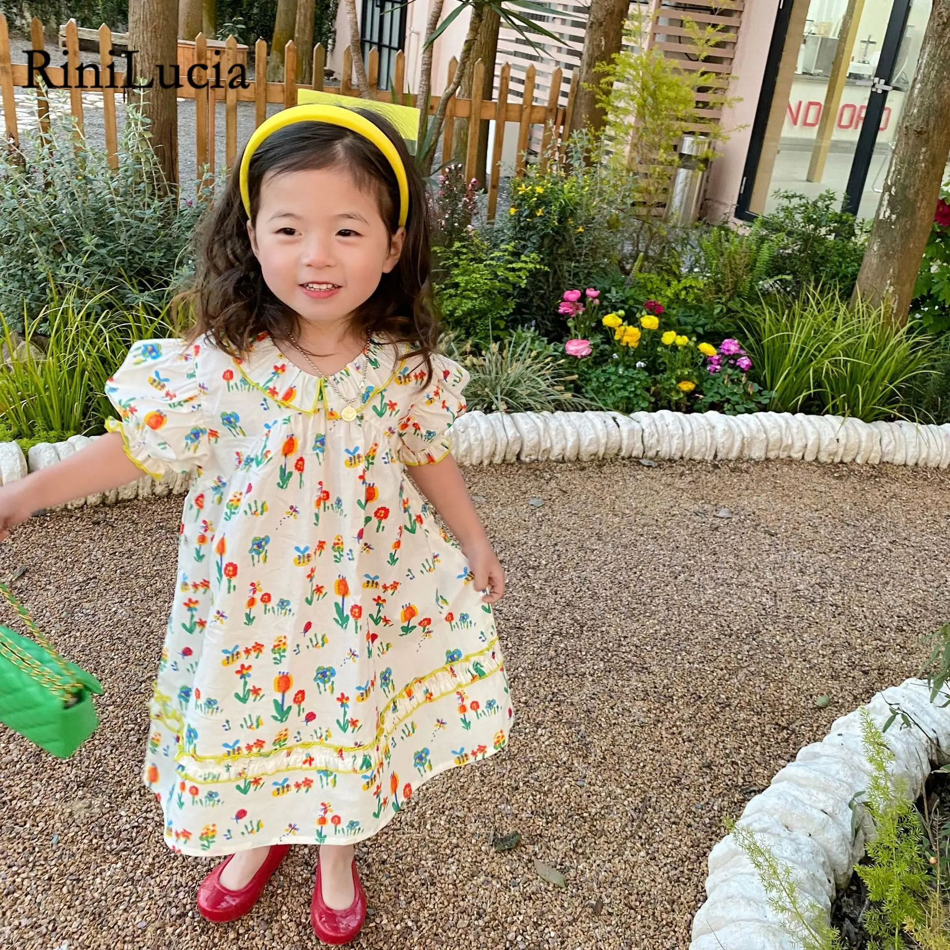 

RiniLucia 2022 Baby Cute Dress Cotton O Neck Girl Dress Cotton Short Sleeve A-Line Dresses Casual Clothing Midi Princess Clothes