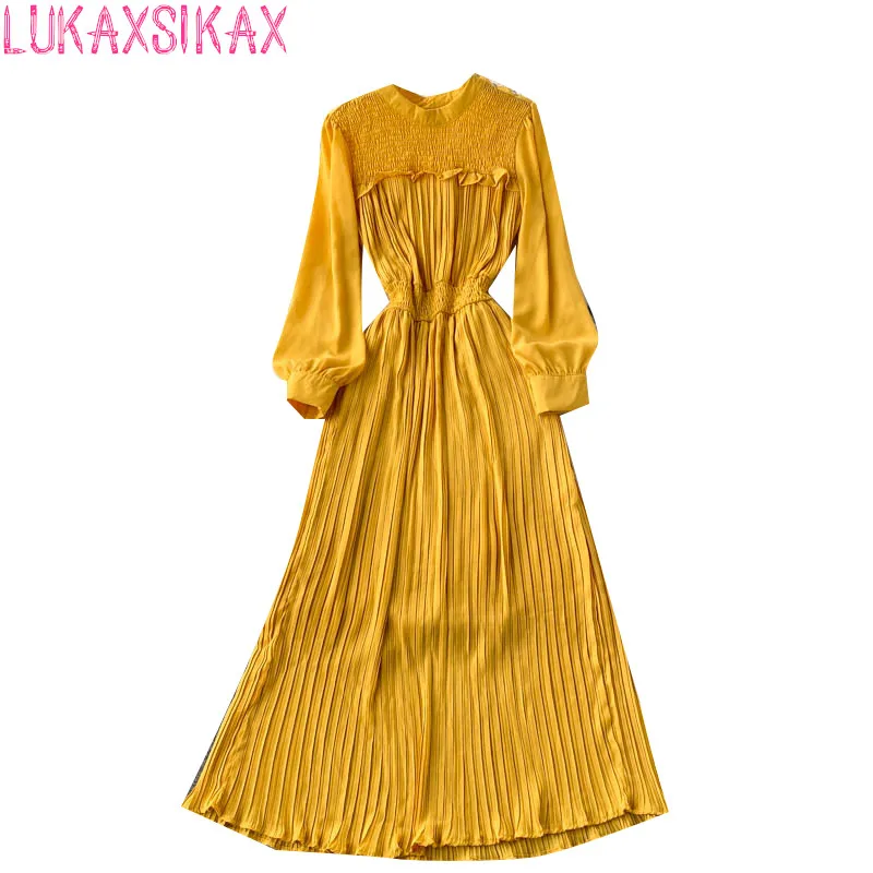 

LUKAXSIKAX 2022 New Spring Autumn Women Long Sleeve Slim Maxi Dress Korean Chic Elegant Chiffon Pleated Dress