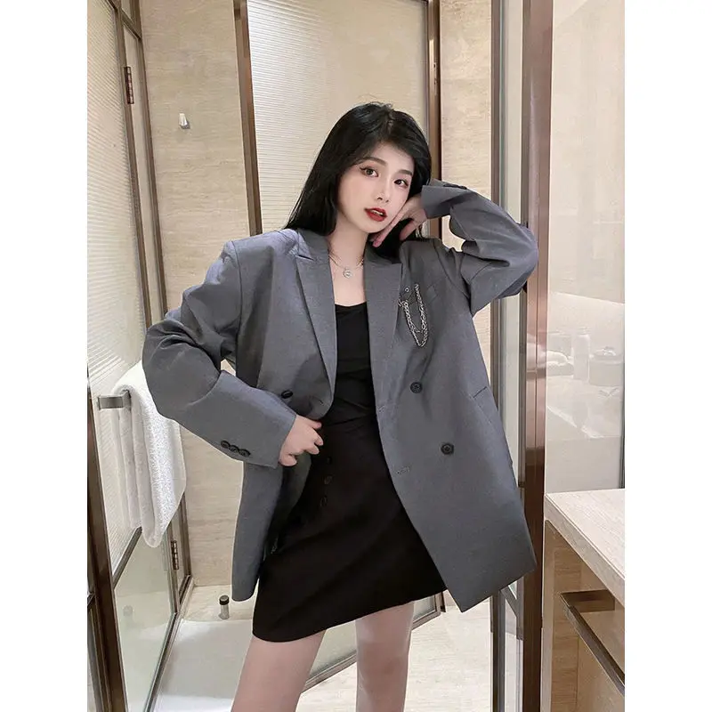 

Женский пиджак в Корейском стиле, свободный черный нишевой пиджак, Новинка весна-осень 2022, тонкий двубортный пиджак с длинным рукавом