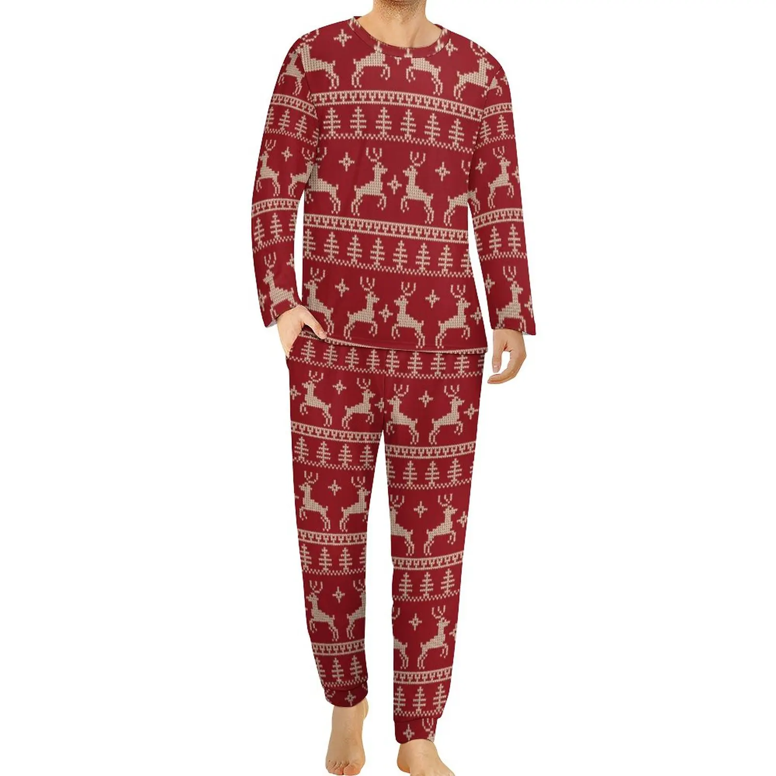 

Christmas Nordic Animal Pajamas Mens Fair Isle Red Deer Cute Sleepwear Spring Long Sleeve Two Piece Casual Pajama Sets Plus Size