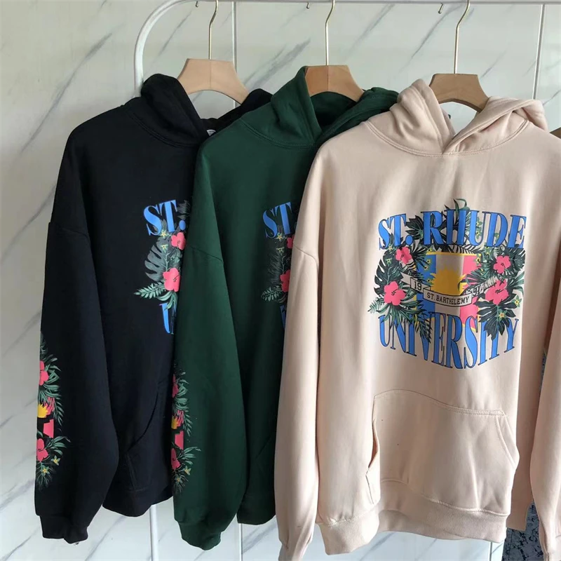 

23SS High Quality Floral Print Rhude Fleece Hoodie Men Women Pullovers Techwear
