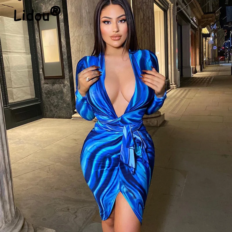 

Evening Party Sexy Summer Fashion Kim Kardashian Style Deep V-neck Long Sleeve Lacing Tight Buttocks Hip Skirt Dresses Femme