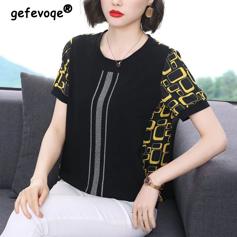 

Women Clothes Summer Print Patchwork Rhinestone Elegant T-shirt Korean Fashion O Neck Short Sleeve Loose All Match Pullover Tops