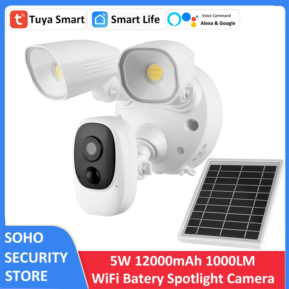 Pаспродажа Умная солнечная батарея Tuya, 1080 P, IP66, для улицы, 1000 лм, цветное ночное видение, Wi-Fi, прожектор, прожектор Alexa Google CCTV, FHD, ИК-камера
