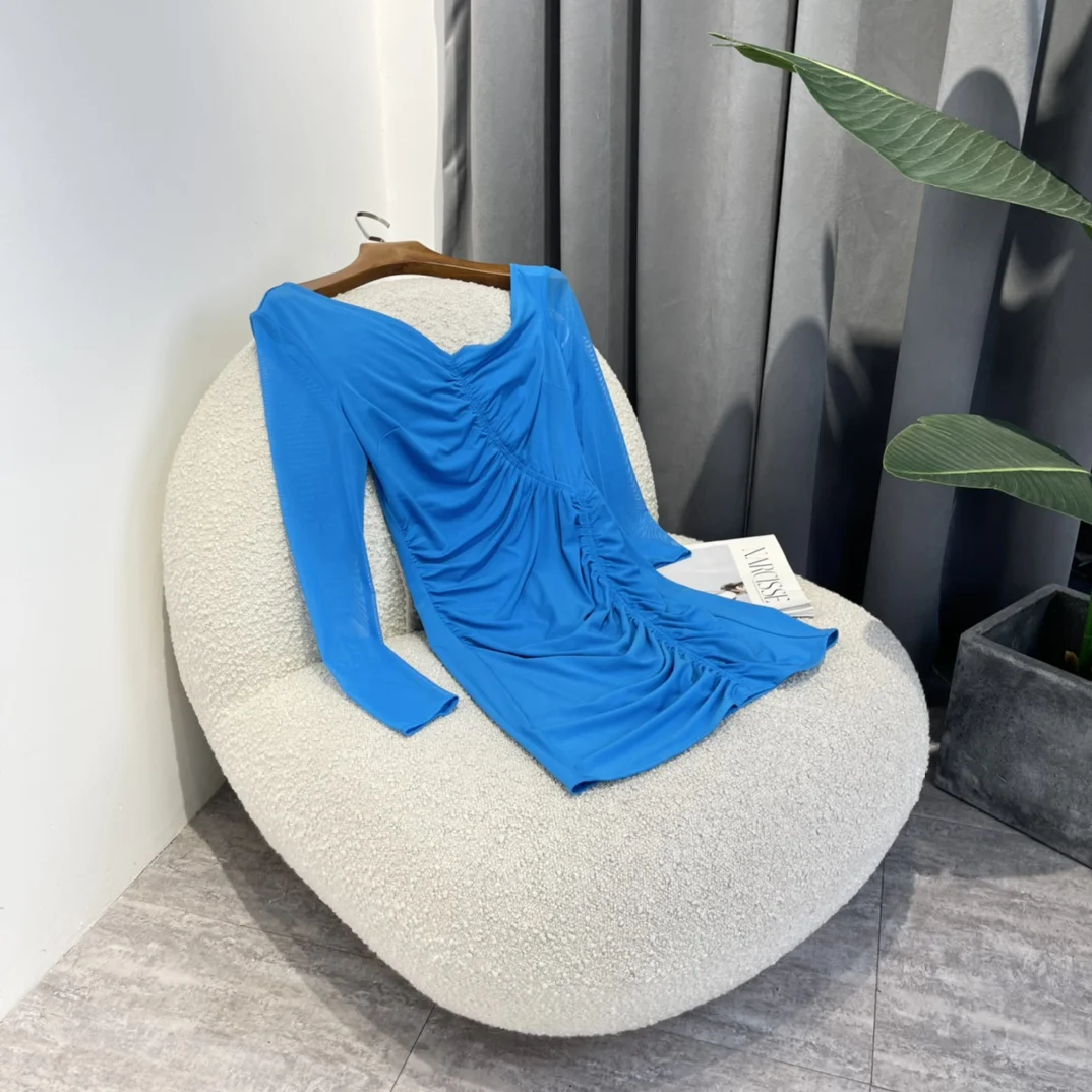 

Slim Sexy Solid Blue Mini Dress V-neck Front Pleated Back Zipper 2022 New Summer Unique Design Ladies High Quality Clothing