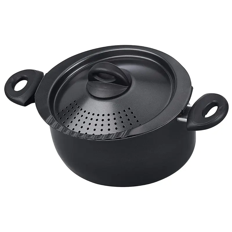 

Aluminum 5.5 Quart Kitchen Pasta Pot w/ Strainer Lid, Black