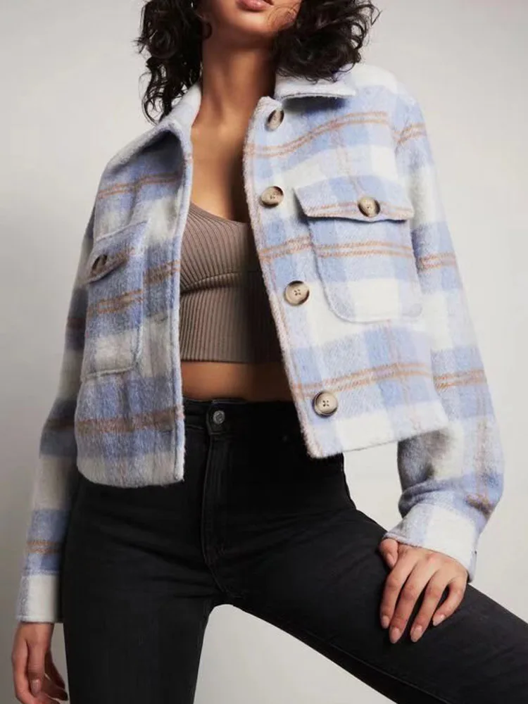 

Kumsvag 2022 Spring Women Casual Shirts Jackets Coats Fashion Plaid Pockets Female Street Short Jacket Outerwear