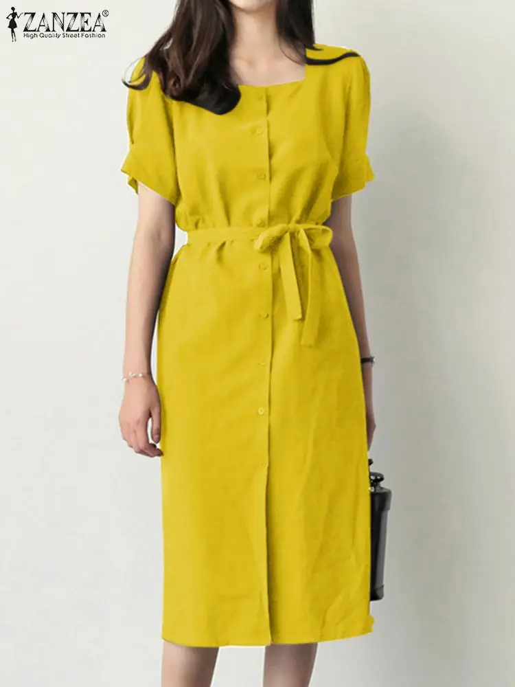 

Элегантное женское Повседневное платье до колен с коротким рукавом 2023 ZANZEA летнее однотонное офисное платье-рубашка с квадратным вырезом женский сарафан