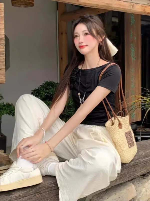 Французская модная футболка с коротким рукавом и трехмерными цветами для женщин