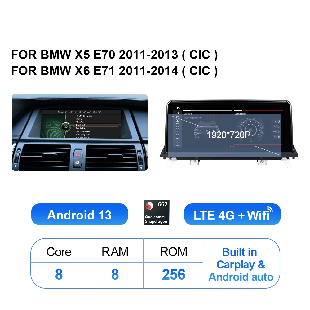 

Автомобильный мультимедийный плеер EBILAEN Android 13 для BMW X5 E70/X6 E71 (2007-2013) системы CCC/CIC Android auto Carplay 4G WiFi GPS BT