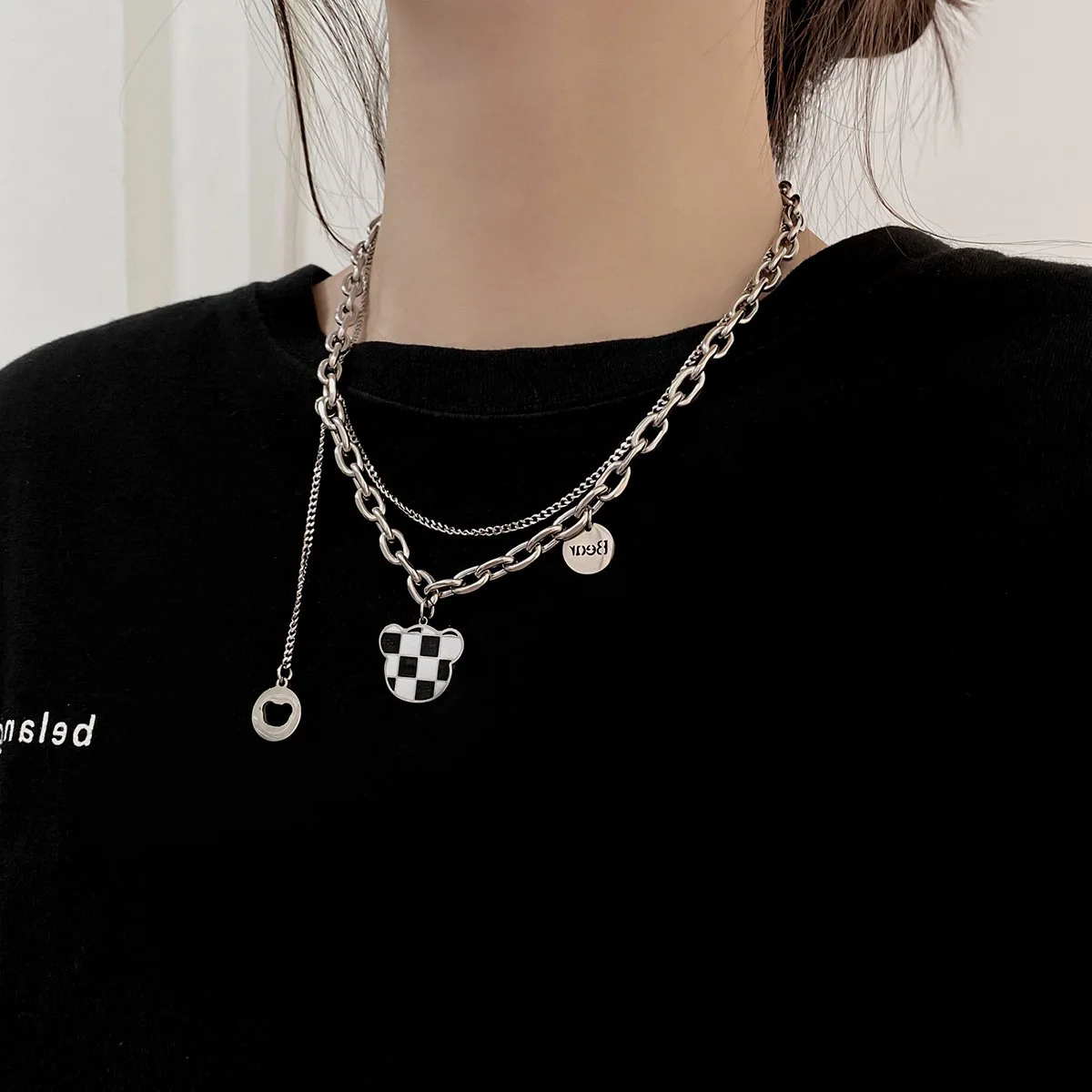 

Goth Chain Statement Lock Key 2 Layered Pendants Necklace for Teen Girls Boys Long Multilayer Chains Punk Choker Silver Necklace