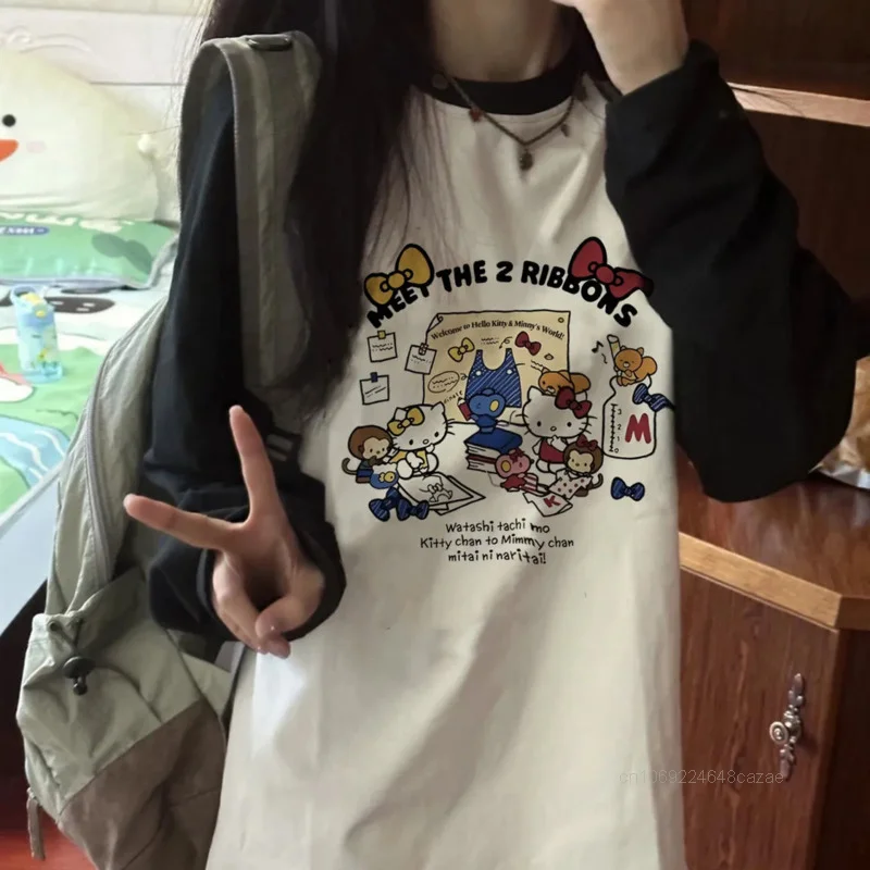 Футболки Hello Kitty из чистого хлопка с забавным принтом и круглым вырезом корейская