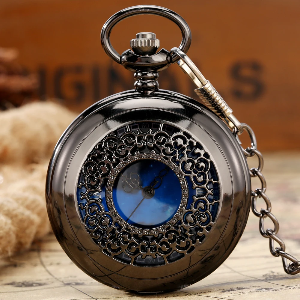 

Romantic Blue Starry Sky Round Dial Hollow Half Hunter Pocket Watch Men Fob Pendant Chain Pocket Clock Quartz Movement Xmas Gift