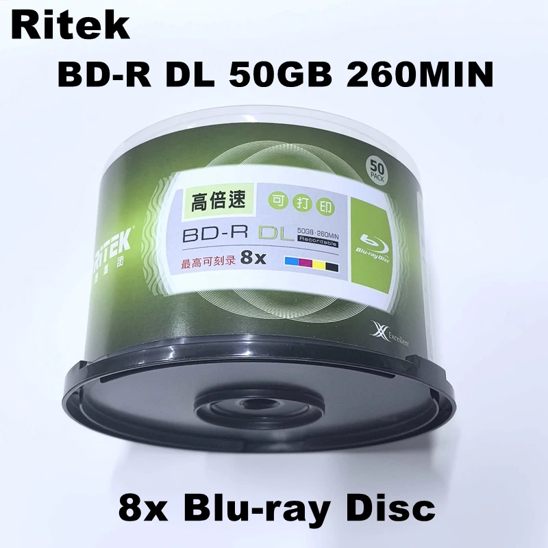 Фото 50 шт. BD-R DL дисков Ritek для печати, записываемые, 50 ГБ, 260 мин, скорость 8X, Blu-ray диски для хранения данных и видео №2