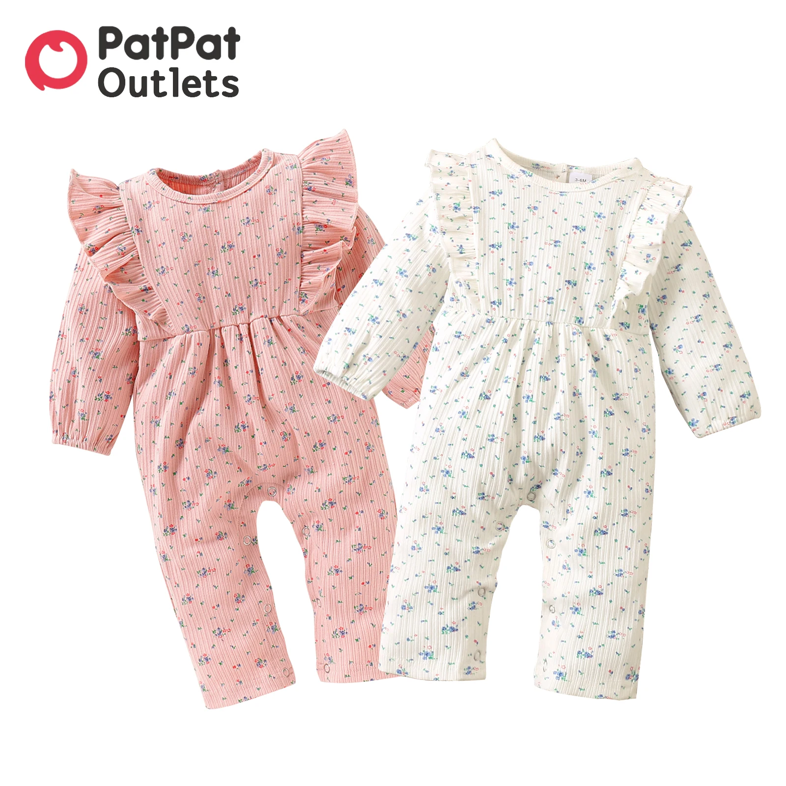 

PatPat Overalls Baby Girl Clothes New Born Jumpsuit Romper Infant Newborn Baby Bodysuit Ribbed Floral Allover Ruffle Long-sleeve