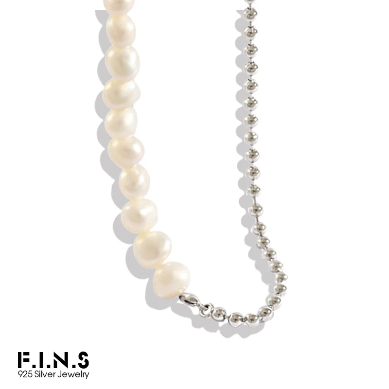 

F.I.N.S Korean S925 Sterling Silver Necklace Baroque Freshwater Pearl Stitching Beads Chain Female Necklace Clavicle Chain