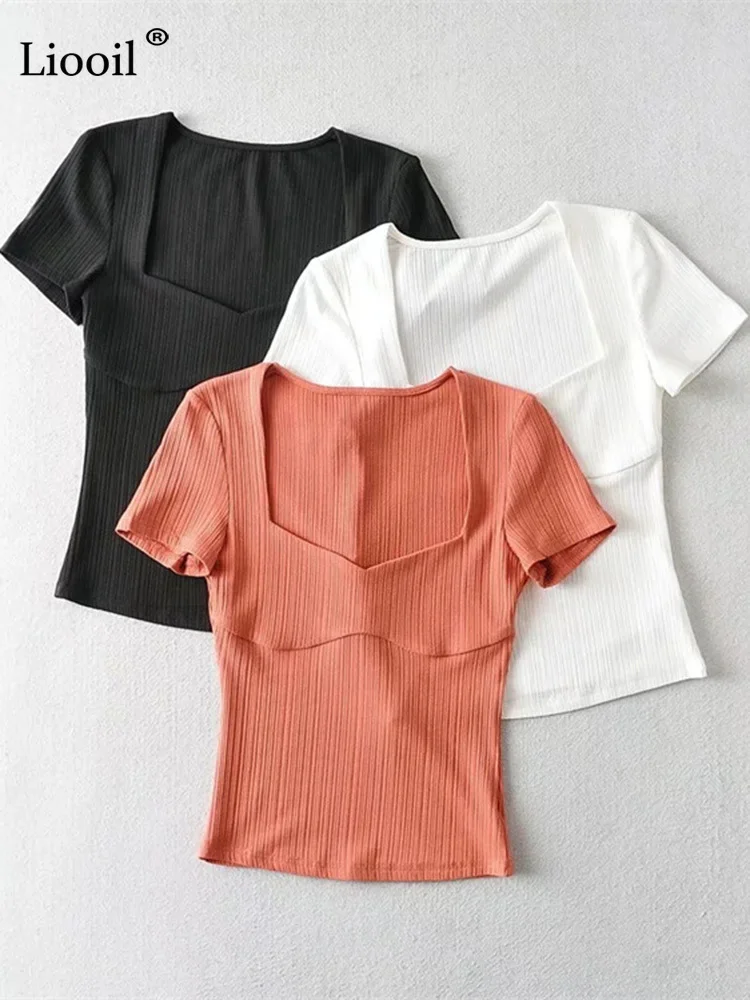 

Liooil Sexy Bodycon T Shirt Knitted Ribbed Top Summer Short Sleeve Square Collar Tees Streetwear Black White Orange Knit Tops