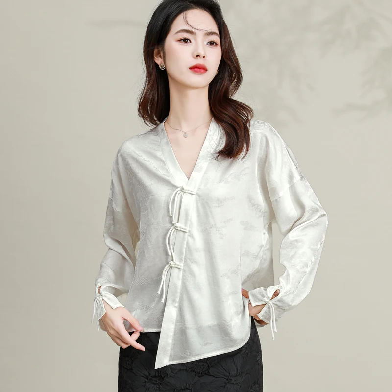 Женская шелковая рубашка в неокитайском стиле белая глянцевая жаккардовая с