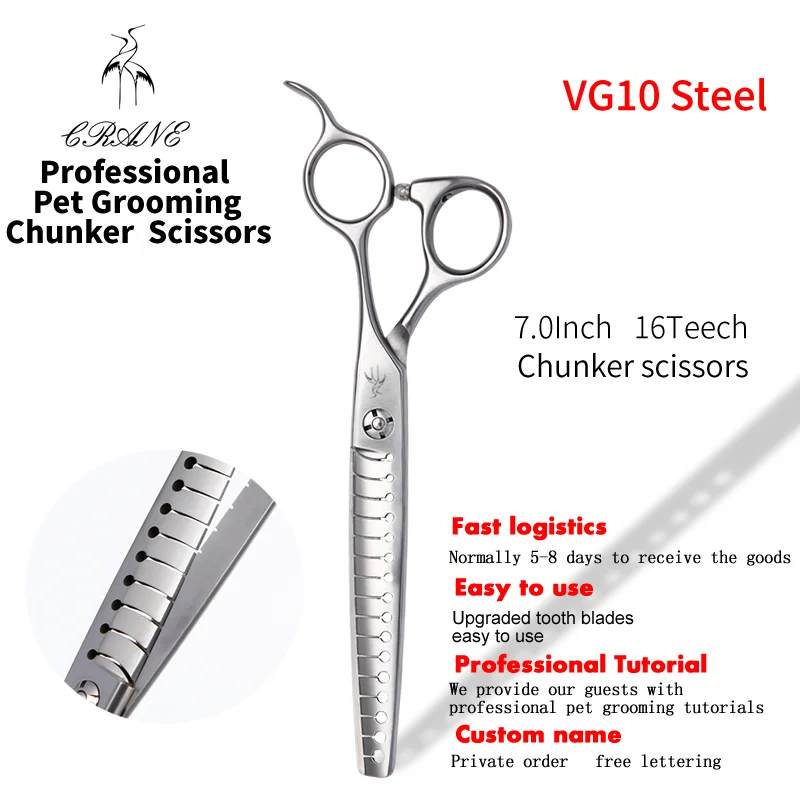 

Taiwan CRANE 7.0 Inch 16 Teeth VG10 Steel Professional Dog Grooming Chunker Scissors Thinning Rate 70% Shears for Pet Groomer