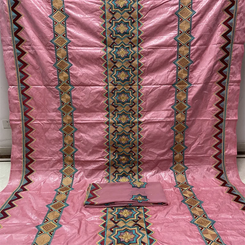 

Fashion Pink African Bazin Riche 5+2 Yards Cozy Fabric Nigerian High Quality Brocade Stones Lace Fabric For Women Party Dress