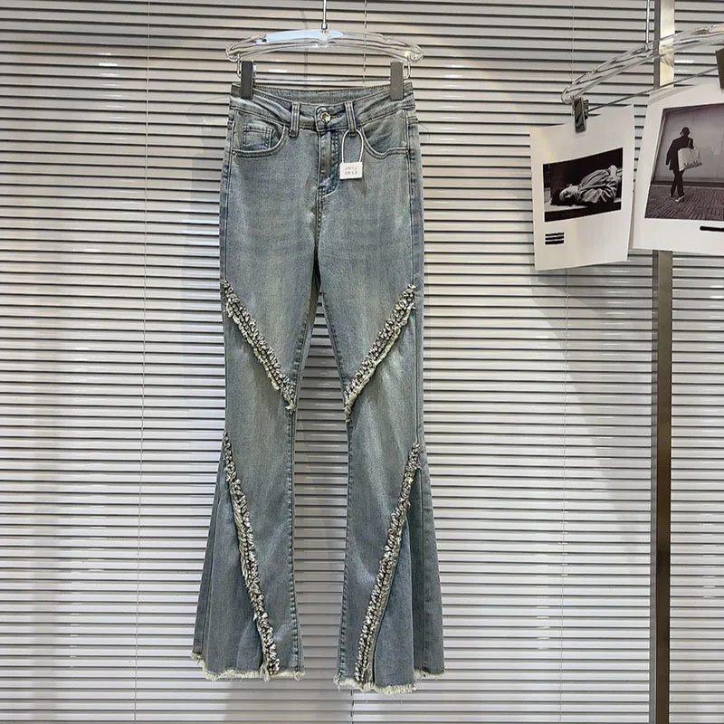 Новинка Весна 2024 Лидер продаж джинсовые брюки с потертостями и бисером для