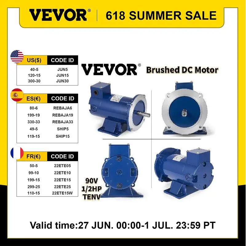 

VEVOR Brushed DC Motor 1/2HP 90V 56C 1750RPM TENV 2.05 N.m Rated Torque for Wire Peeler Baler Paper Cutter with 2 x Carbon Brush