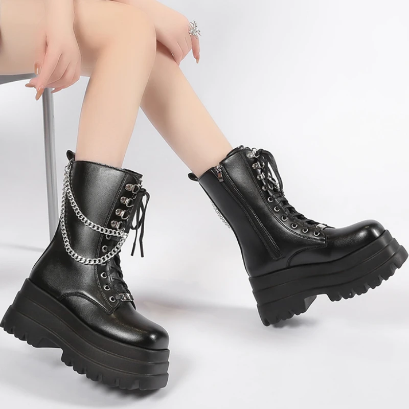 

New Women's Platform Shoes 2023 Fashion Plus Size Square Toe Metal Chain Zipper Ankle Boots for Women Winter Chunky Heel Shoes