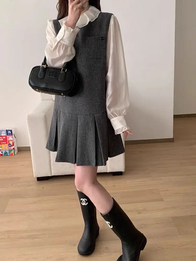 Серое платье без рукавов женское раннее осеннее дизайнерское в стиле ретро