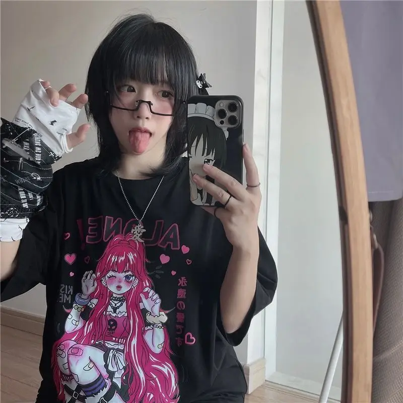 

Sweet Punk Print Women's T-shirt Summer Japanese Harajuku Style Hot Anime Print Loose Student Short Sleeve T Shirt Top