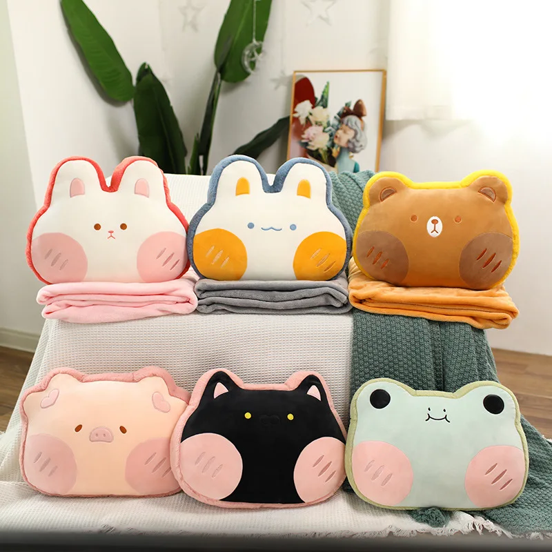 

43*33cm Cartoon Rabbits Piggy Cat Frog Bear Plush Pillow with Blanket Stuffed Soft Animal Sofa Back Cushion Nice Gift for Girls