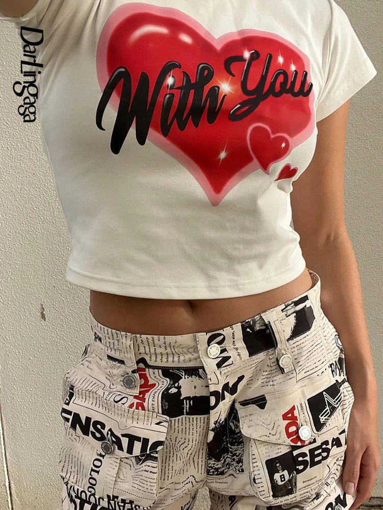 

Darlingaga Harajuku Kawaii Heart Letter Printed Short Sleeve T-shirts O Neck Summer Crop Top Tee Cute Basic T shirt Casual Girls