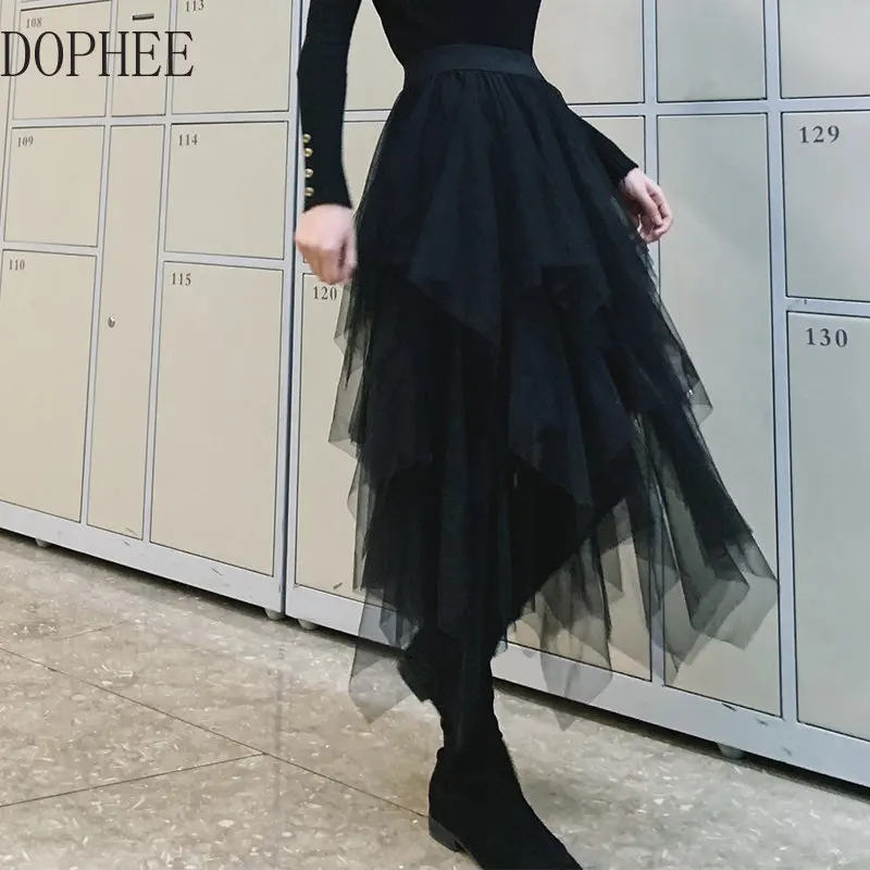 

Irregular Elastic High Waist Mesh Skirts for Women 2023 New Spring Mid-length Black Asymmetry Gauze Ball Gown Skirt Party
