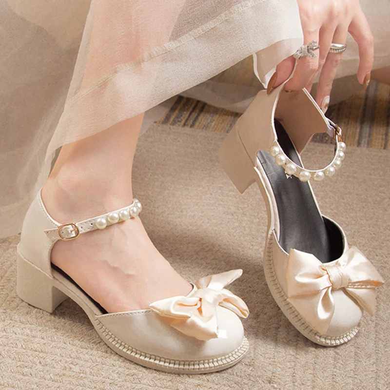 

Lucyever Silk Bowknot Platform Mary Jane Shoes Women 2022 Autumn Pearls Strap Pumps Woman Patent Leather Party Wedding Shoes