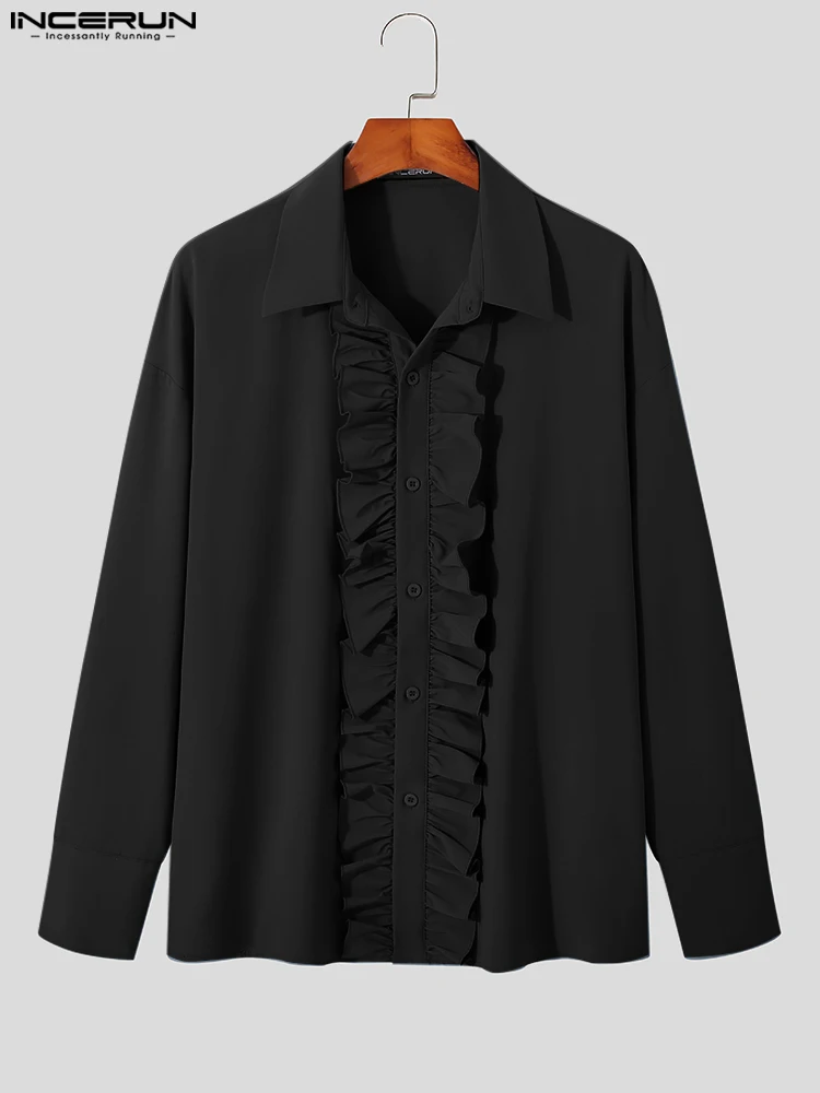 Casual Streetwear Style New Men Tops INCERUN Door Tube Ruffle Blouse Stylish Male Stitching Long-sleeved Solid Shirts S-5XL 2022