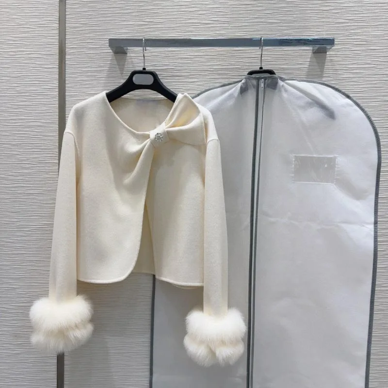 Шерстяное пальто женское 2024 новое зимнее с натуральным лисьим мехом и манжетами