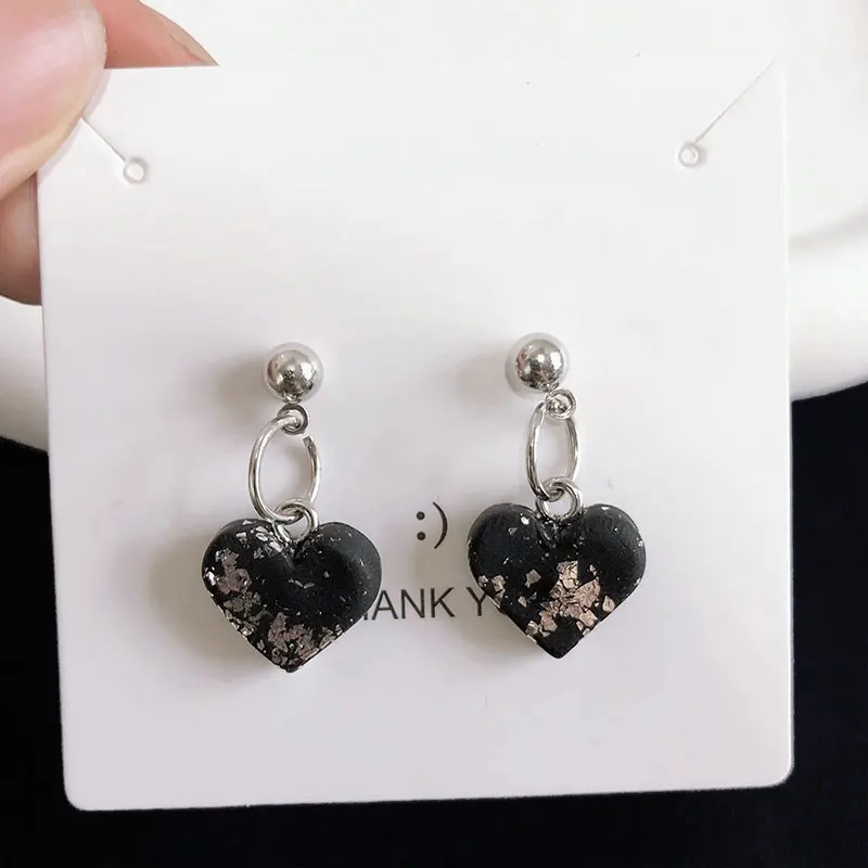 

Retro Black Clay Heart with Silver Foil Charms Drop Earrings for Woman Girls Party Accessories Dangle Earrings Jewelry Gift