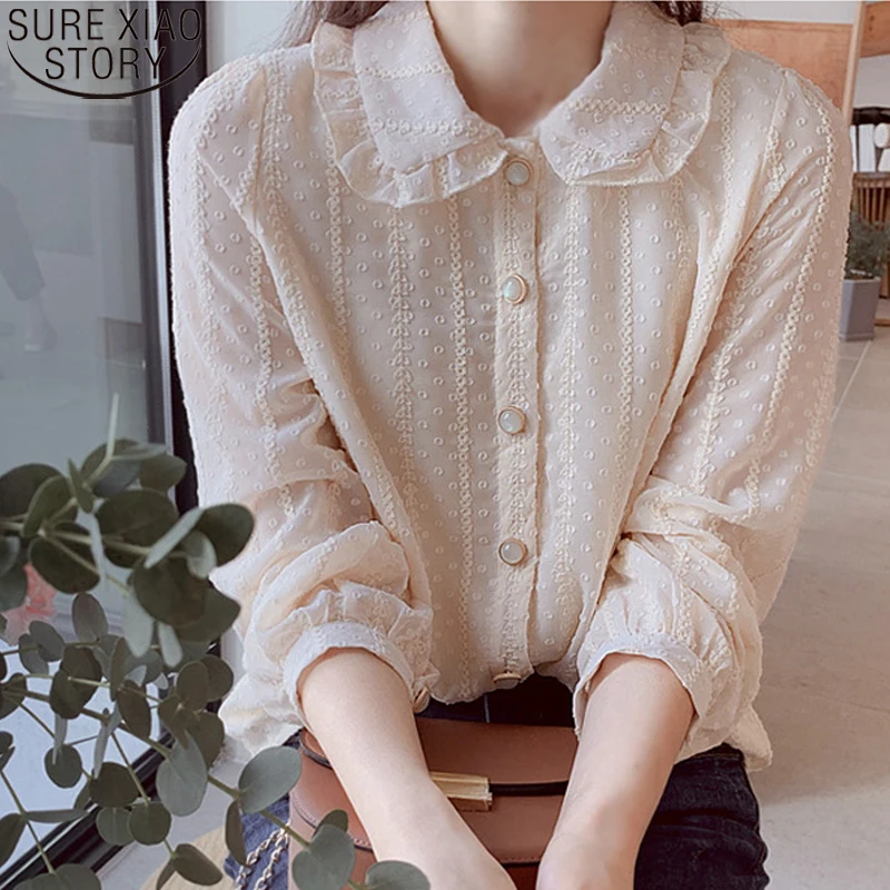 

Women Blouses 2021 Autumn Doll Collar Sweet Chiffon Shirts Long Sleeve Fashion Dot Shirt Blusas Ladies Casaul Tops 3XL 10351