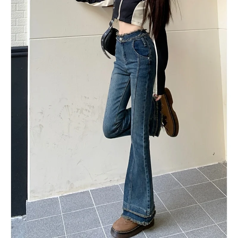 

Синие женские джинсы с высокой талией, расклешенные брюки, сращивающиеся винтажные американские модные женские брюки с широкими штанинами, мешковатые прямые джинсовые брюки