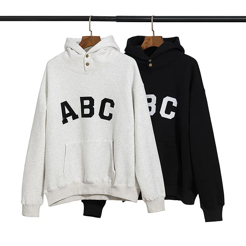

Autumn Winter Cotton Letter ABC Collar Breasted Hooded Plush High Street Men's Women's Loose Sweatshirt